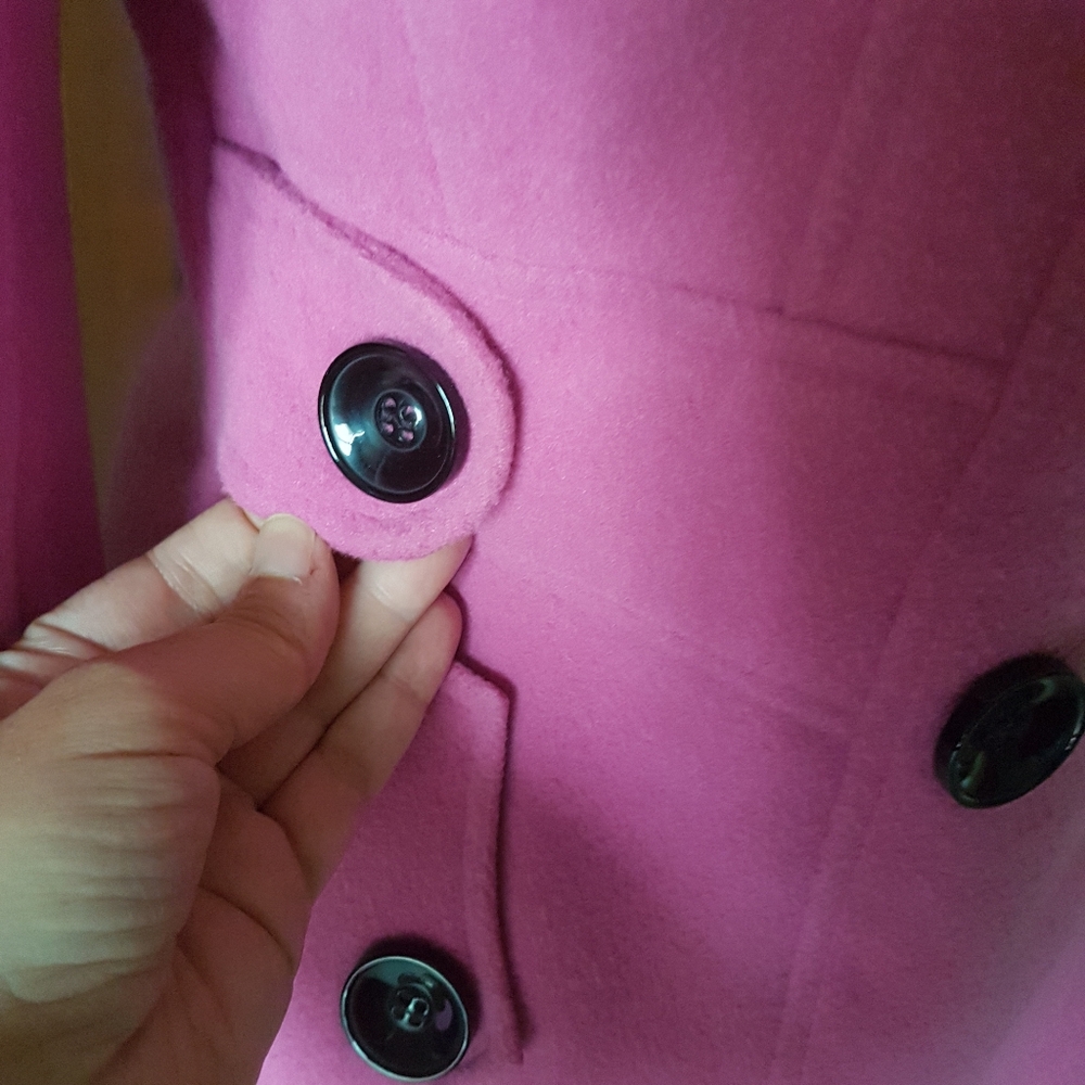 Fuchsia Pink Double Breasted Pea Coat with Black Buttons from London - Picture 8 of 17